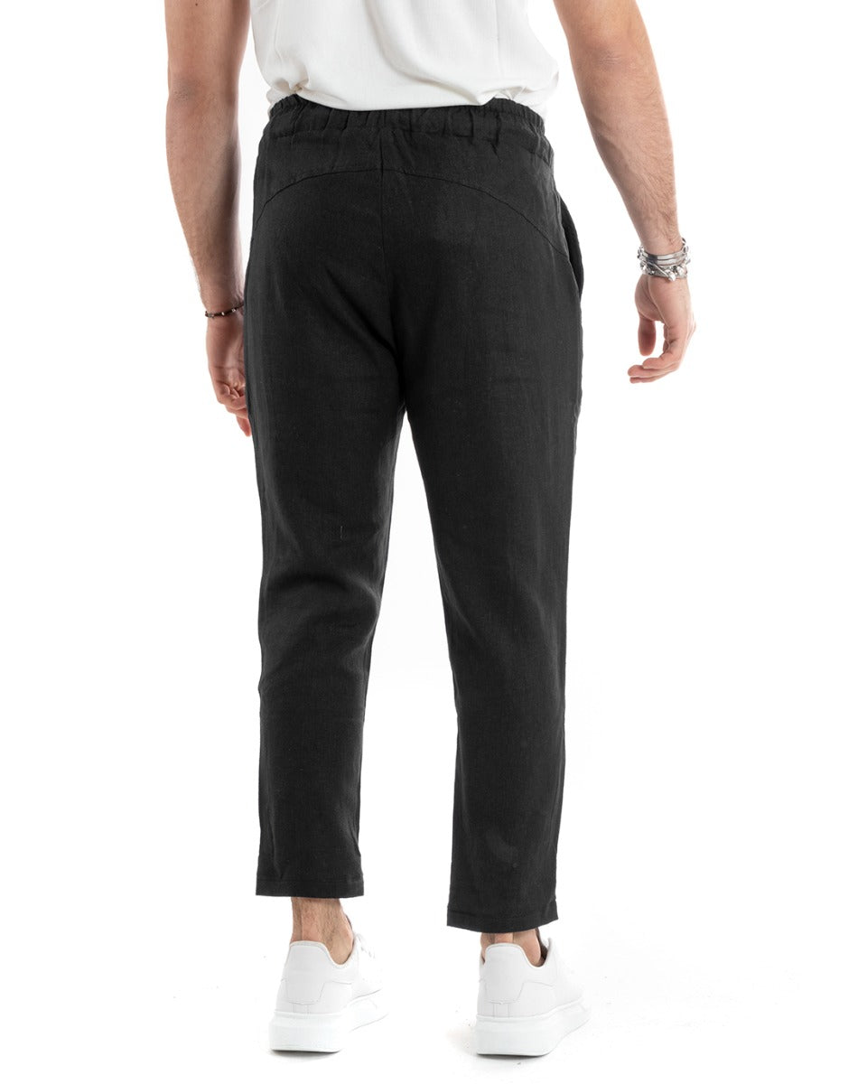 Men's Linen Long Elastic Casual Black Casual Tailored Trousers GIOSAL-P5816A