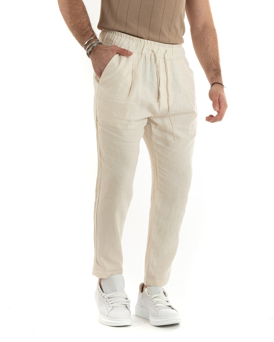Men's Linen Long Elastic Trousers Beige Casual Tailored GIOSAL-P5817A