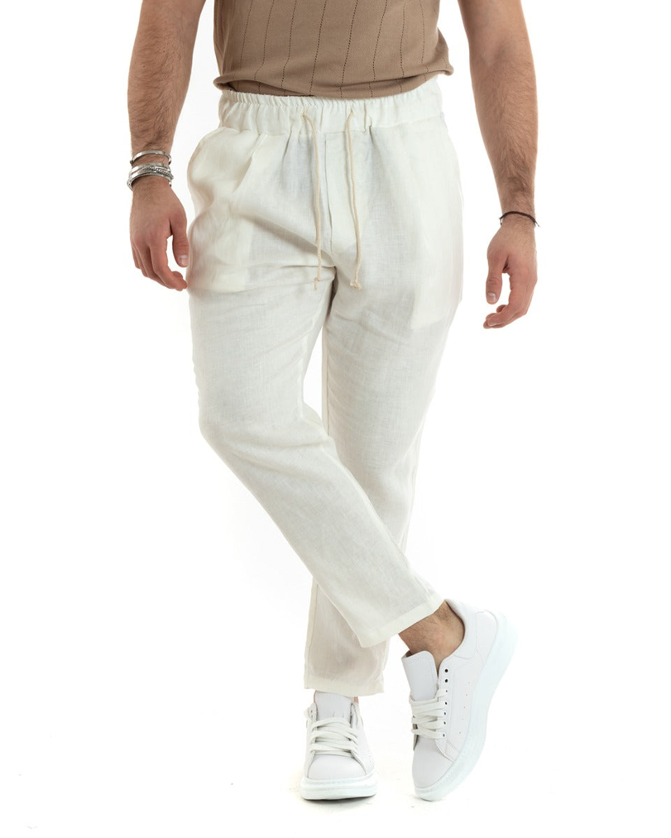 Men's Long Elastic Linen Casual Trousers White Tailored GIOSAL-P5818A