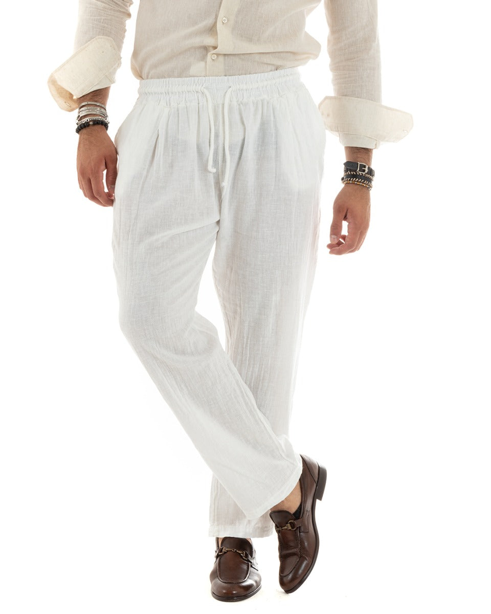 Men's Linen Wide Leg Solid Color Long Elastic Waist Trousers White Casual GIOSAL-P5822A