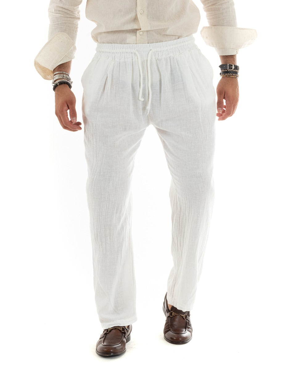 Men's Linen Wide Leg Solid Color Long Elastic Waist Trousers White Casual GIOSAL-P5822A