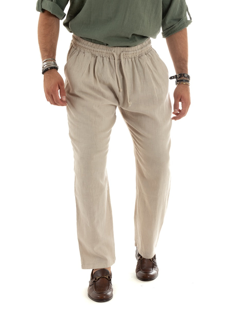 Men's Linen Wide Leg Solid Color Long Elastic Waist Trousers Beige Casual GIOSAL-P5824A