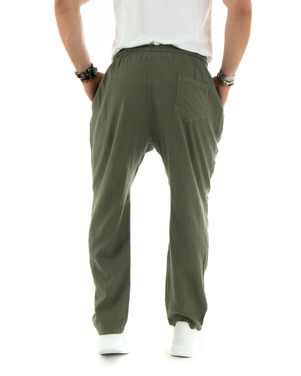Pantaloni Uomo Lino Pantalaccio Lungo Elastico Wide Leg Tinta Unita Verde Casual GIOSAL-P5825A