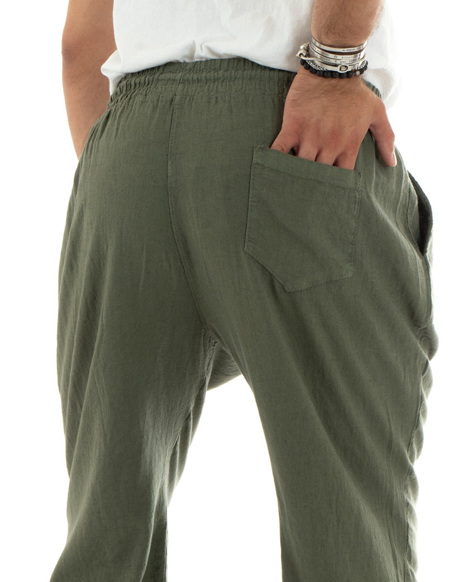 Pantaloni Uomo Lino Pantalaccio Lungo Elastico Wide Leg Tinta Unita Verde Casual GIOSAL-P5825A