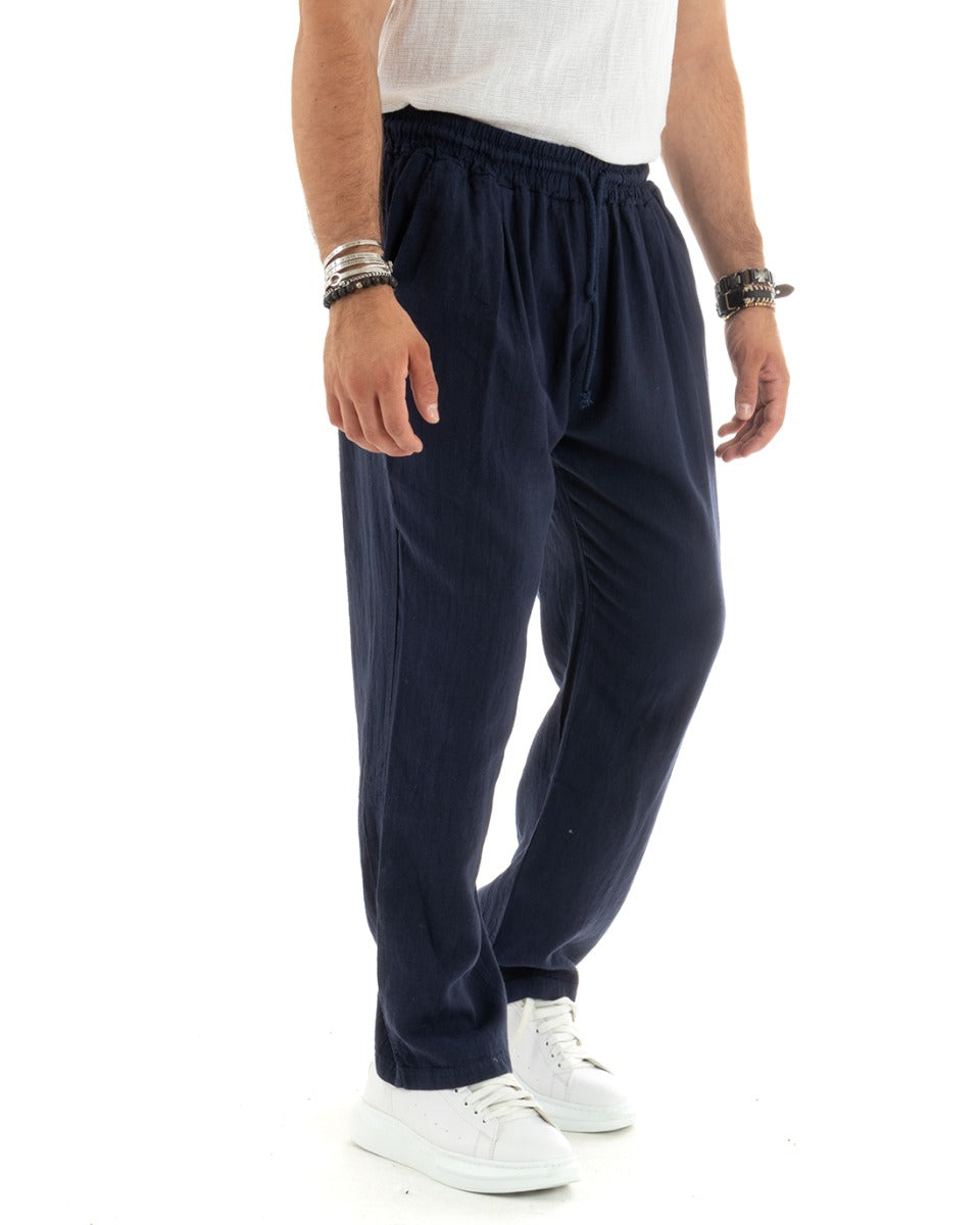 Men's Linen Wide Leg Solid Color Long Elastic Waist Trousers Blue Casual GIOSAL-P5826A