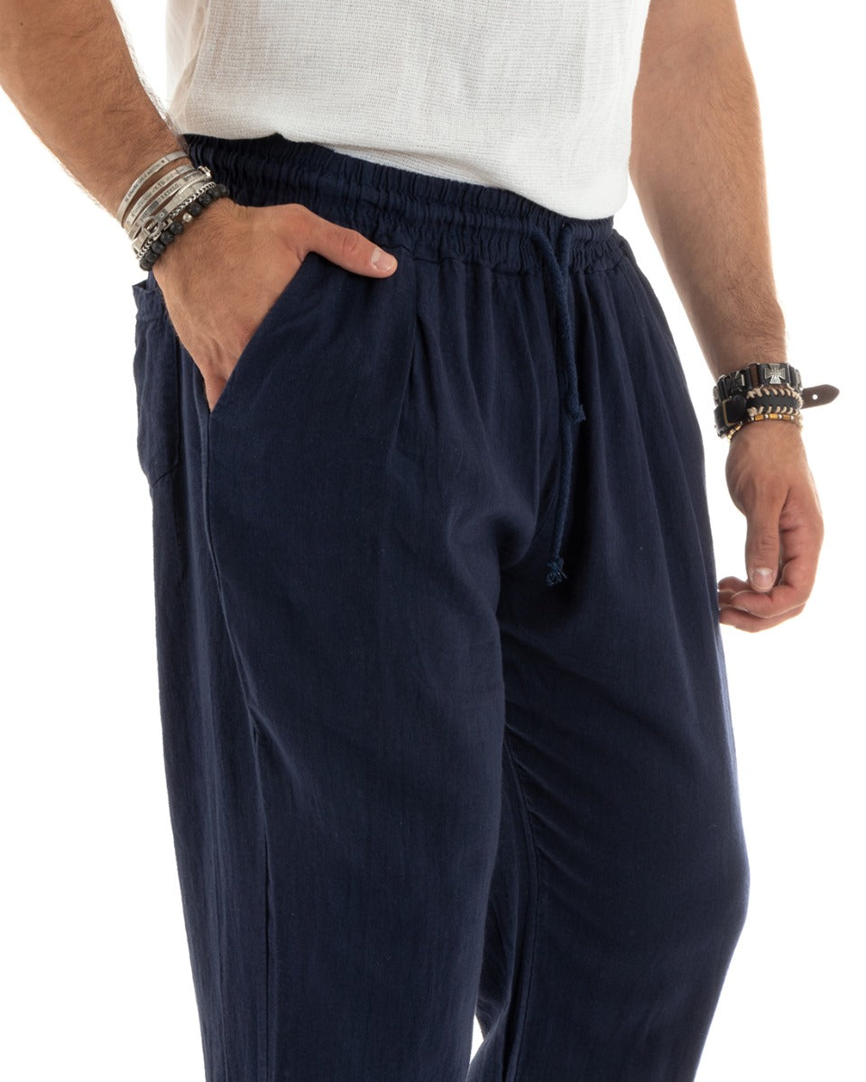 Pantaloni Uomo Lino Pantalaccio Lungo Elastico Wide Leg Tinta Unita Blu Casual GIOSAL-P5826A