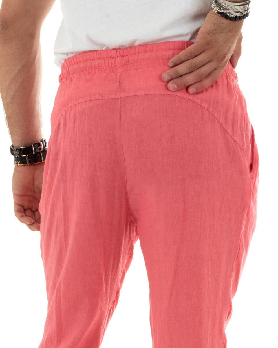 Men's Long Elastic Linen Trousers Coral Casual Tailored GIOSAL-P5827A