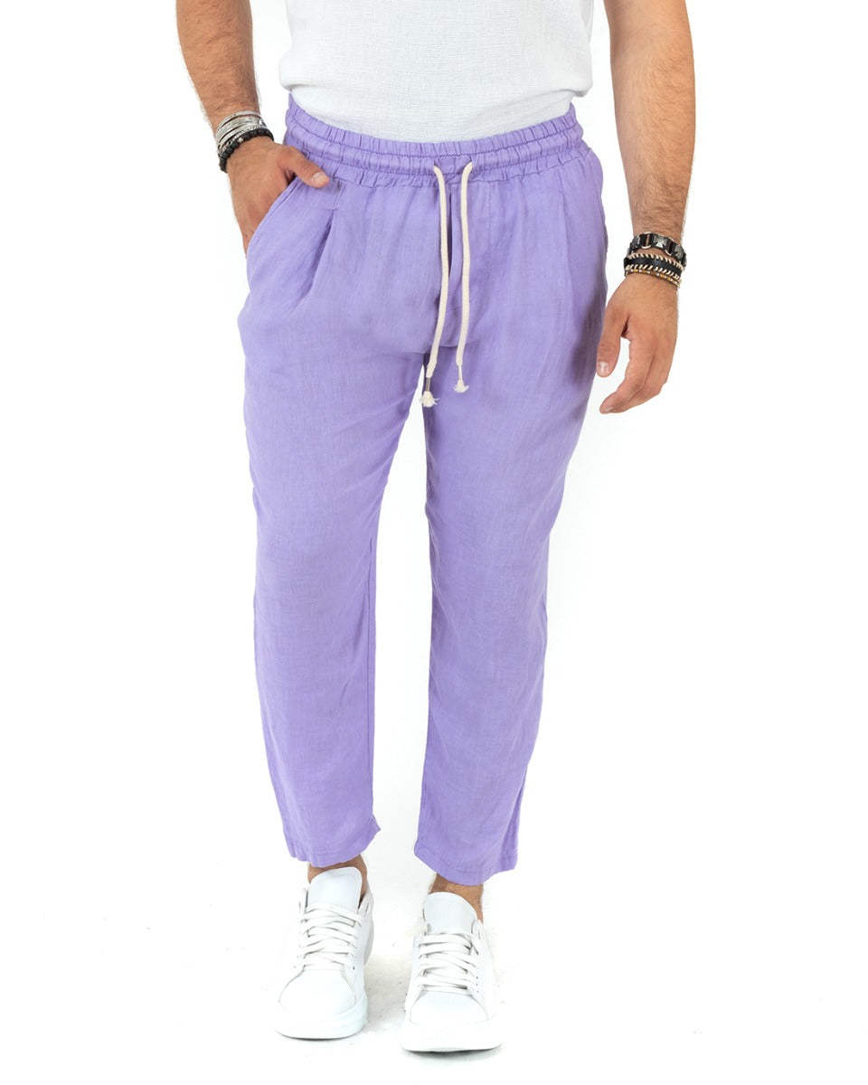 Men's Linen Long Elastic Trousers Lilac Casual Tailored GIOSAL-P5830A