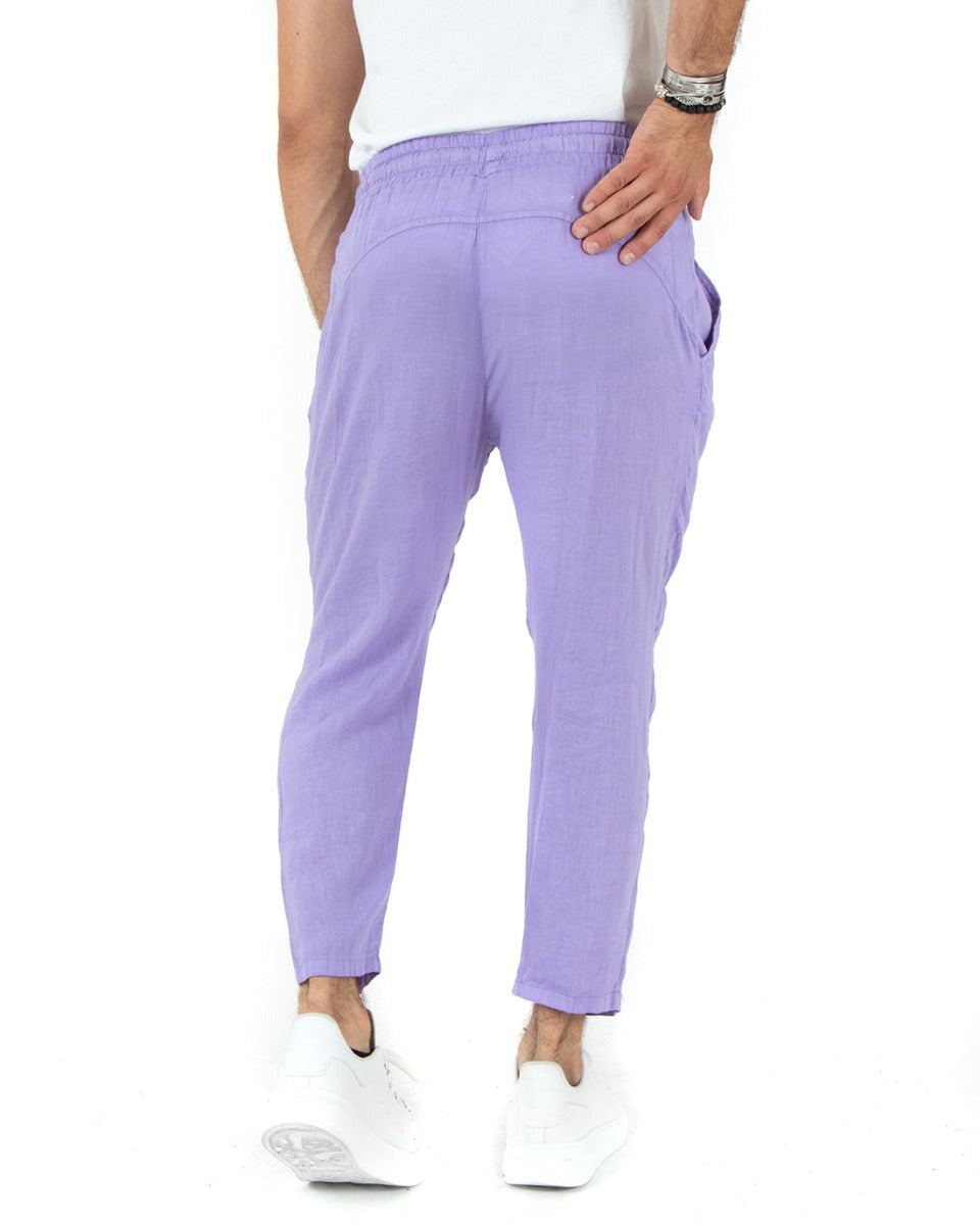 Men's Linen Long Elastic Trousers Lilac Casual Tailored GIOSAL-P5830A
