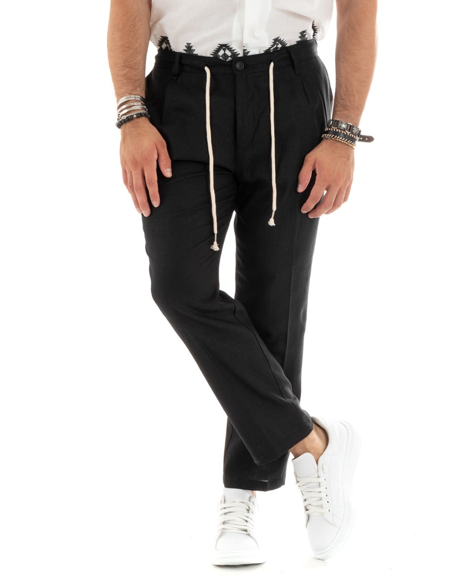 Men's Long Linen Trousers Solid Color Elastic on the Back Black Casual GIOSAL - P5832A
