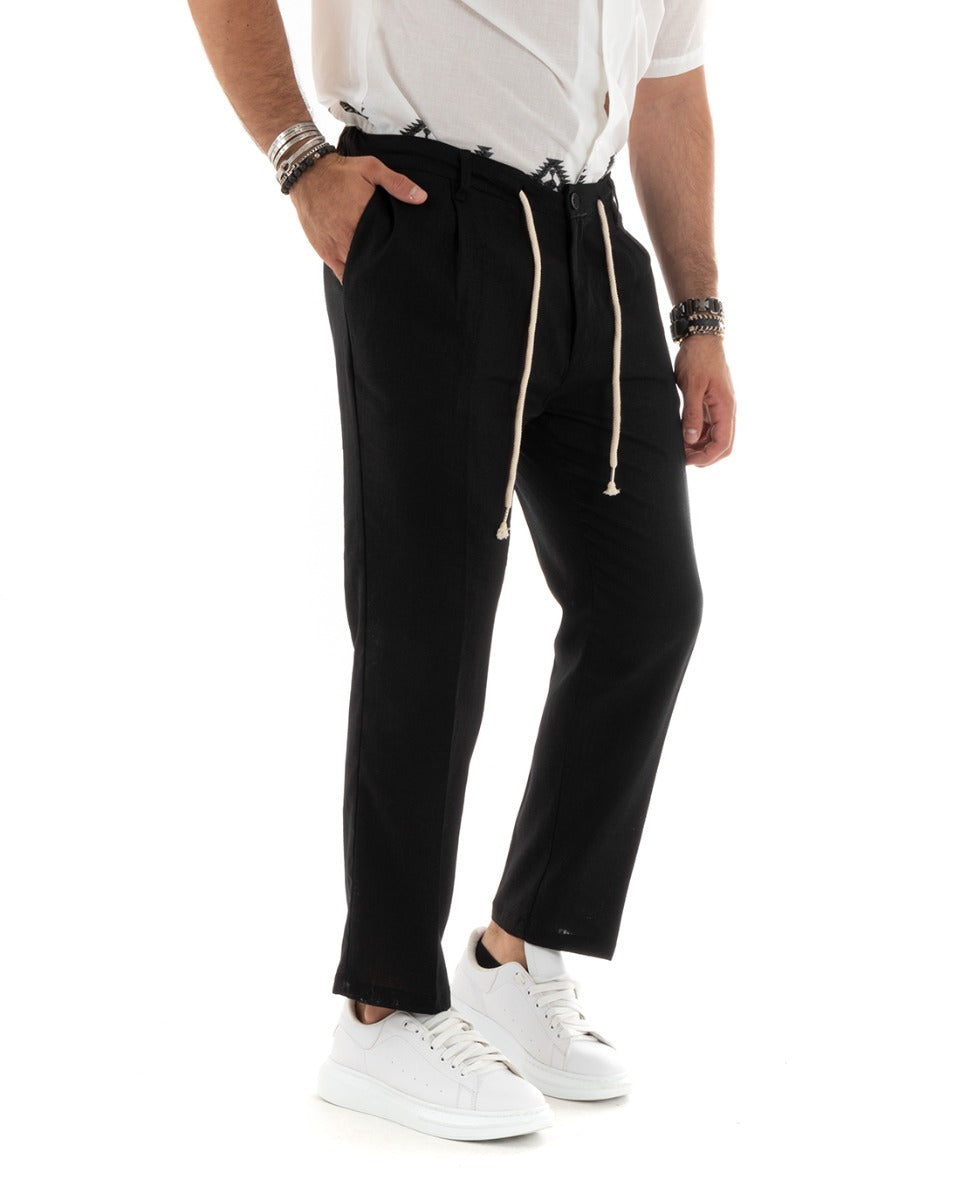 Men's Long Linen Trousers Solid Color Elastic on the Back Black Casual GIOSAL - P5832A