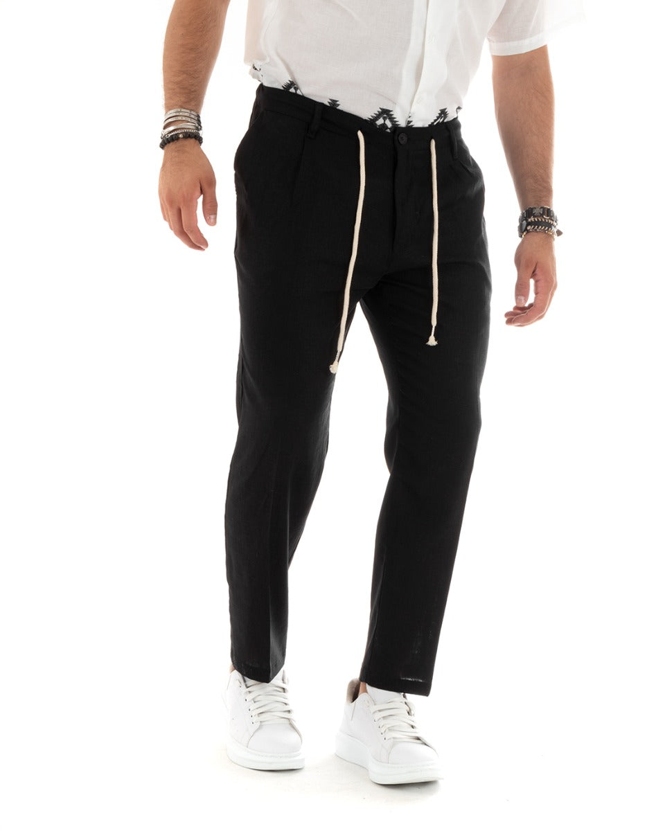 Pantaloni Uomo Lino Lungo Tinta Unita Elastico Sul Retro Nero Casual GIOSAL-P5832A