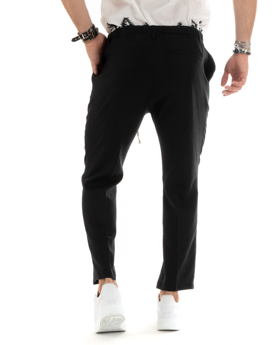 Pantaloni Uomo Lino Con Tasca America Basic Con Coulisse Elastico Sul Retro Casual Nero GIOSAL-P5832A