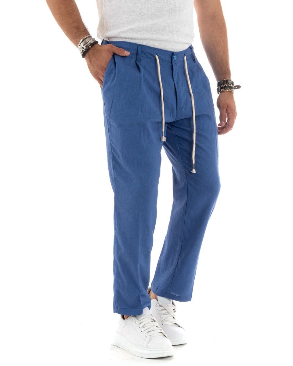 Pantaloni Uomo Lino Con Tasca America Basic Con Coulisse Elastico Sul Retro Casual Tinta Unita Denim GIOSAL-P5834A