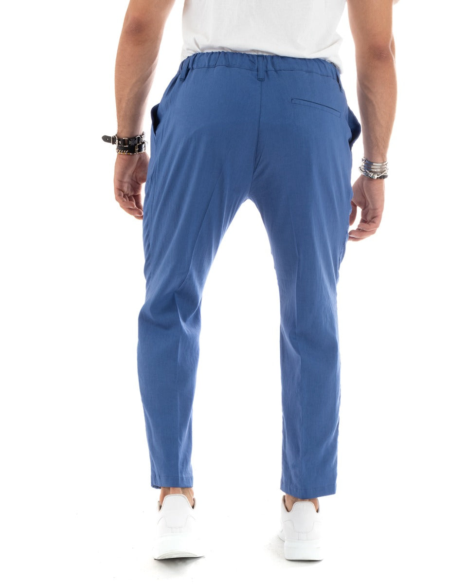 Pantaloni Uomo Lino Con Tasca America Basic Con Coulisse Elastico Sul Retro Casual Tinta Unita Denim GIOSAL-P5834A