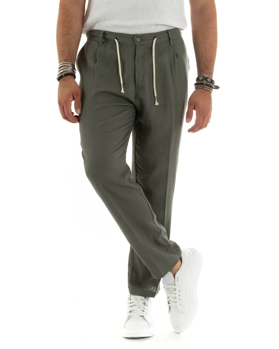 Pantaloni Uomo Lino Tasca America Basic Con Coulisse Elastico Sul Retro Casual Tinta Unita Verde GIOSAL-P5835A