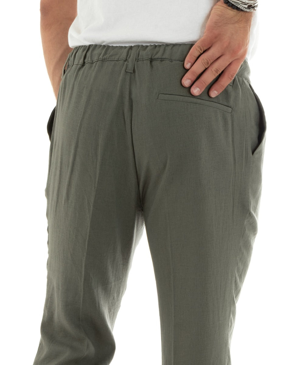 Pantaloni Uomo Lino Con Tasca America Basic Con Coulisse Elastico Sul Retro Casual Verde GIOSAL-P5835A