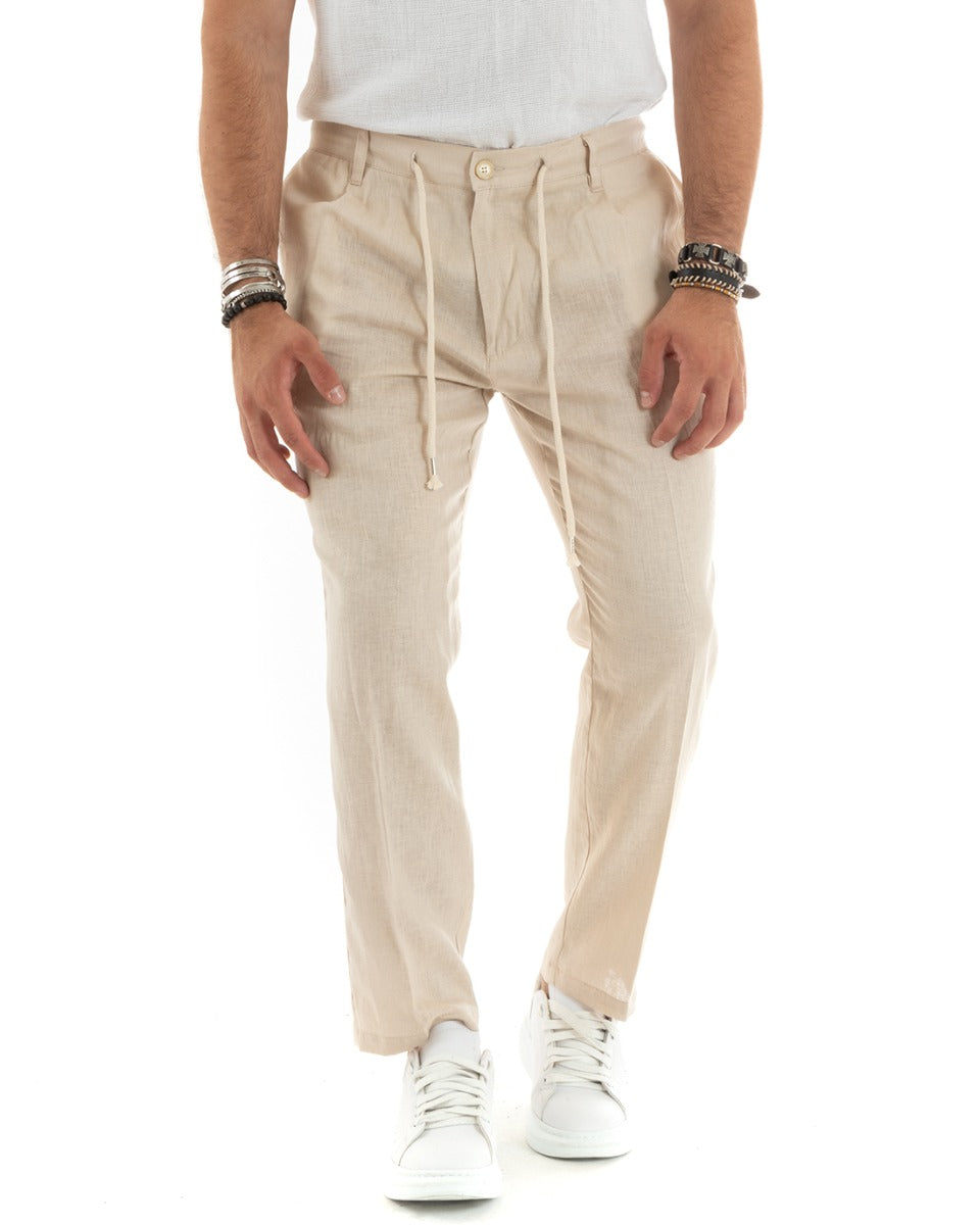 Pantaloni Uomo Lino Lungo Tinta Unita Elastico Sul Retro Beige Casual GIOSAL-P5836A