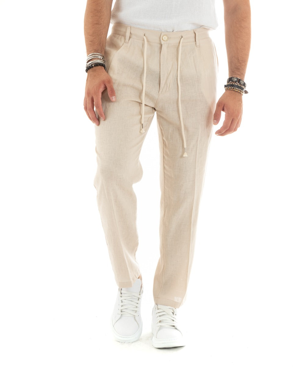 Pantaloni Uomo Lino Tasca America Basic Con Coulisse Elastico Sul Retro Casual Tinta Unita Beige GIOSAL-P5836A
