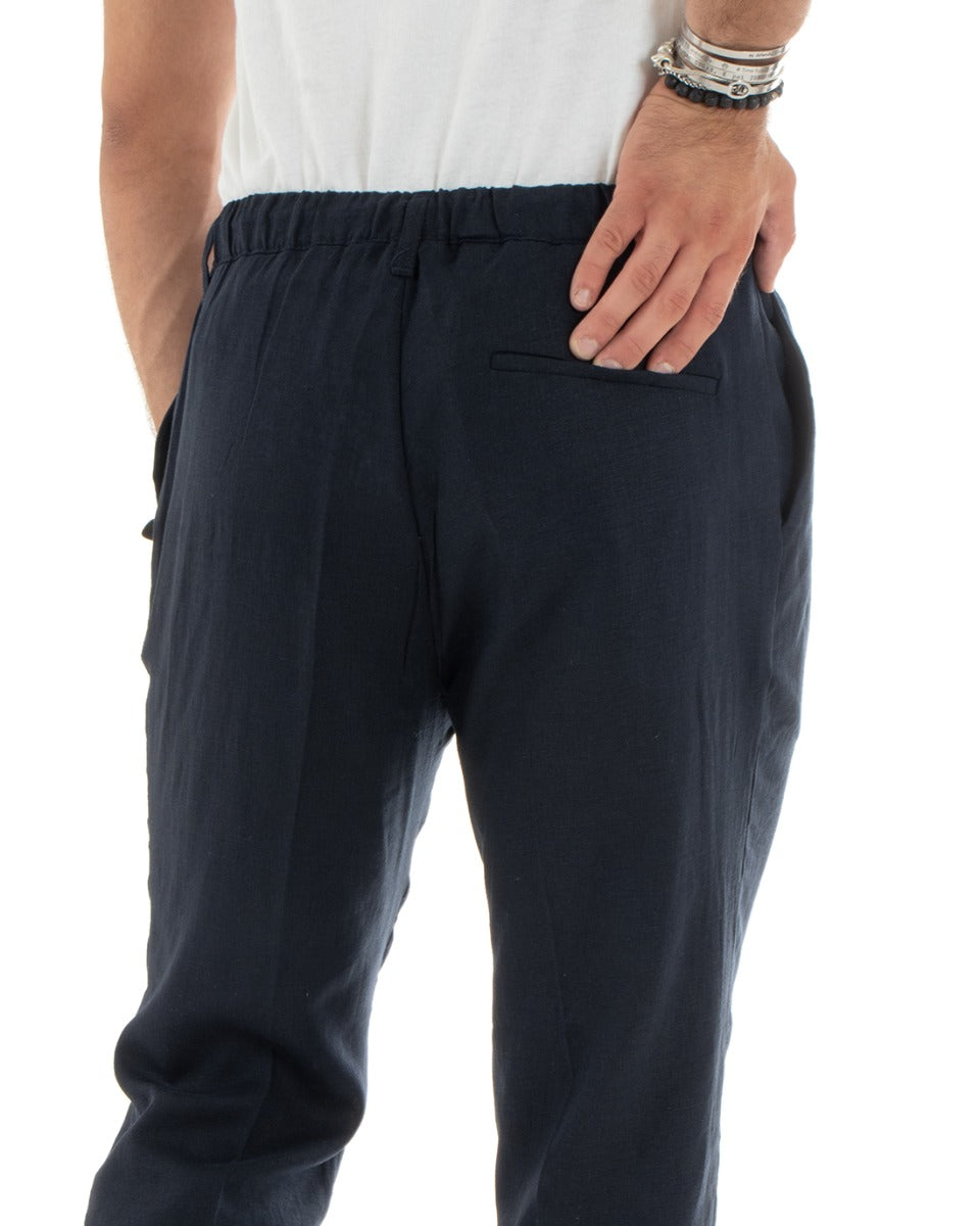 Pantaloni Uomo Lino Lungo Tinta Unita Elastico Sul Retro Blu Casual GIOSAL-P5837A