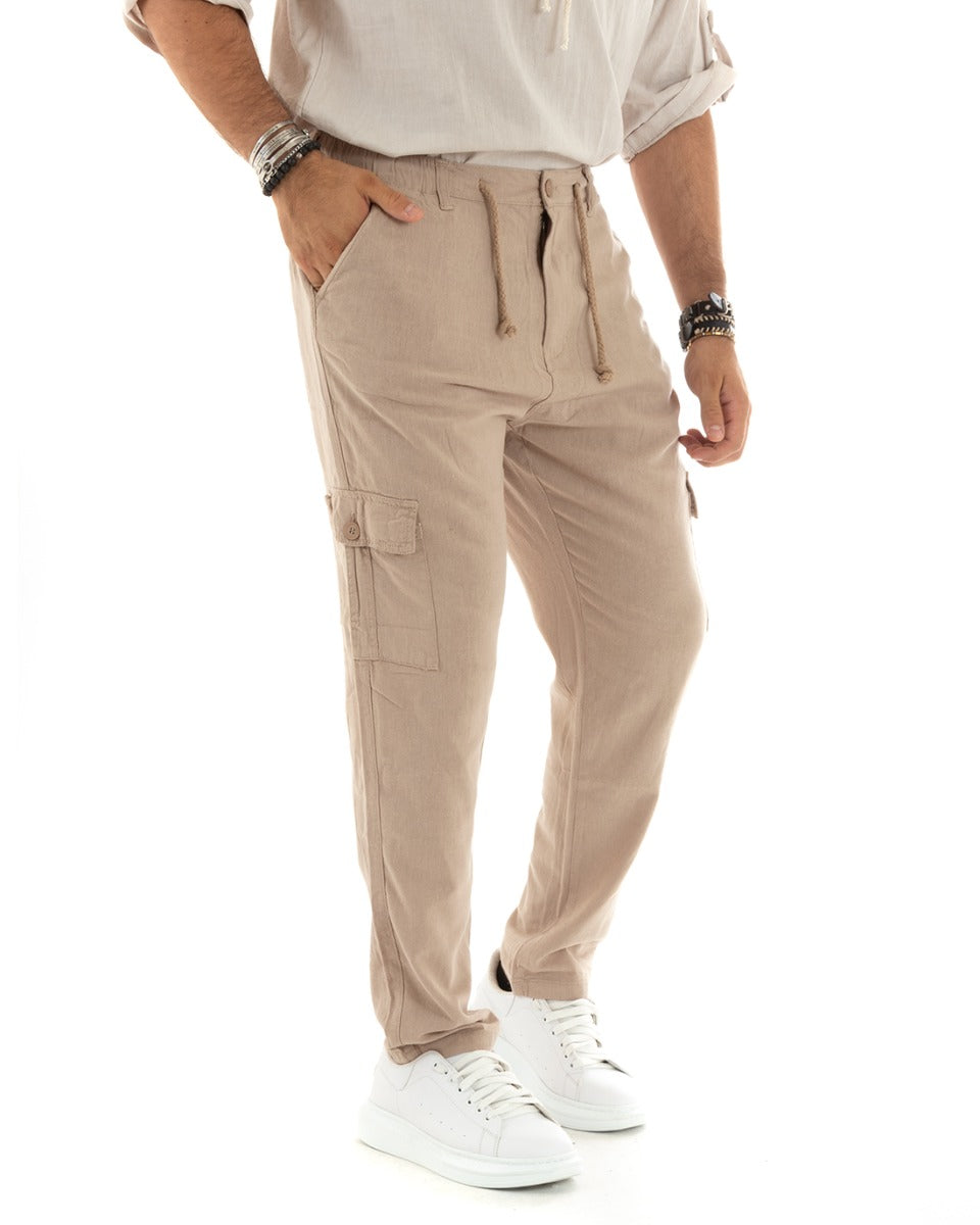 Men's Long Cargo Trousers Linen Solid Color Elastic Pockets Beige Basic GIOSAL-P5838A