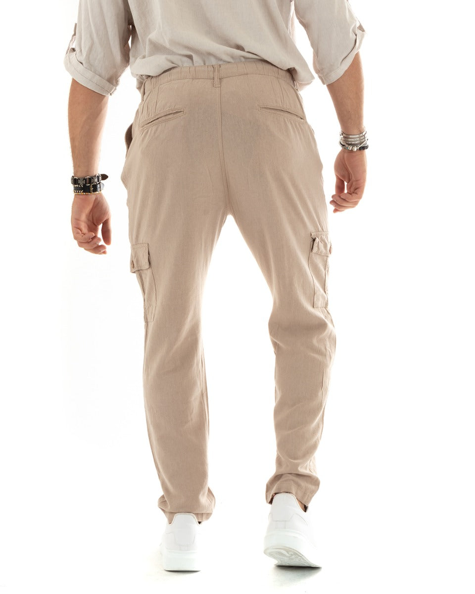 Men's Long Cargo Trousers Linen Solid Color Elastic Pockets Beige Basic GIOSAL-P5838A