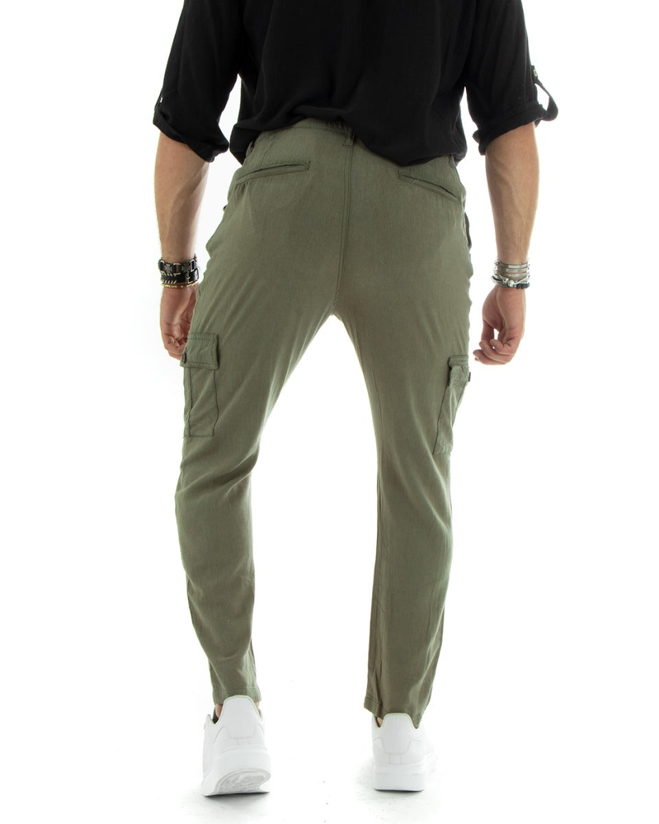 Men's Long Cargo Trousers Linen Solid Color Elastic Pockets Basic Green GIOSAL-P5839A