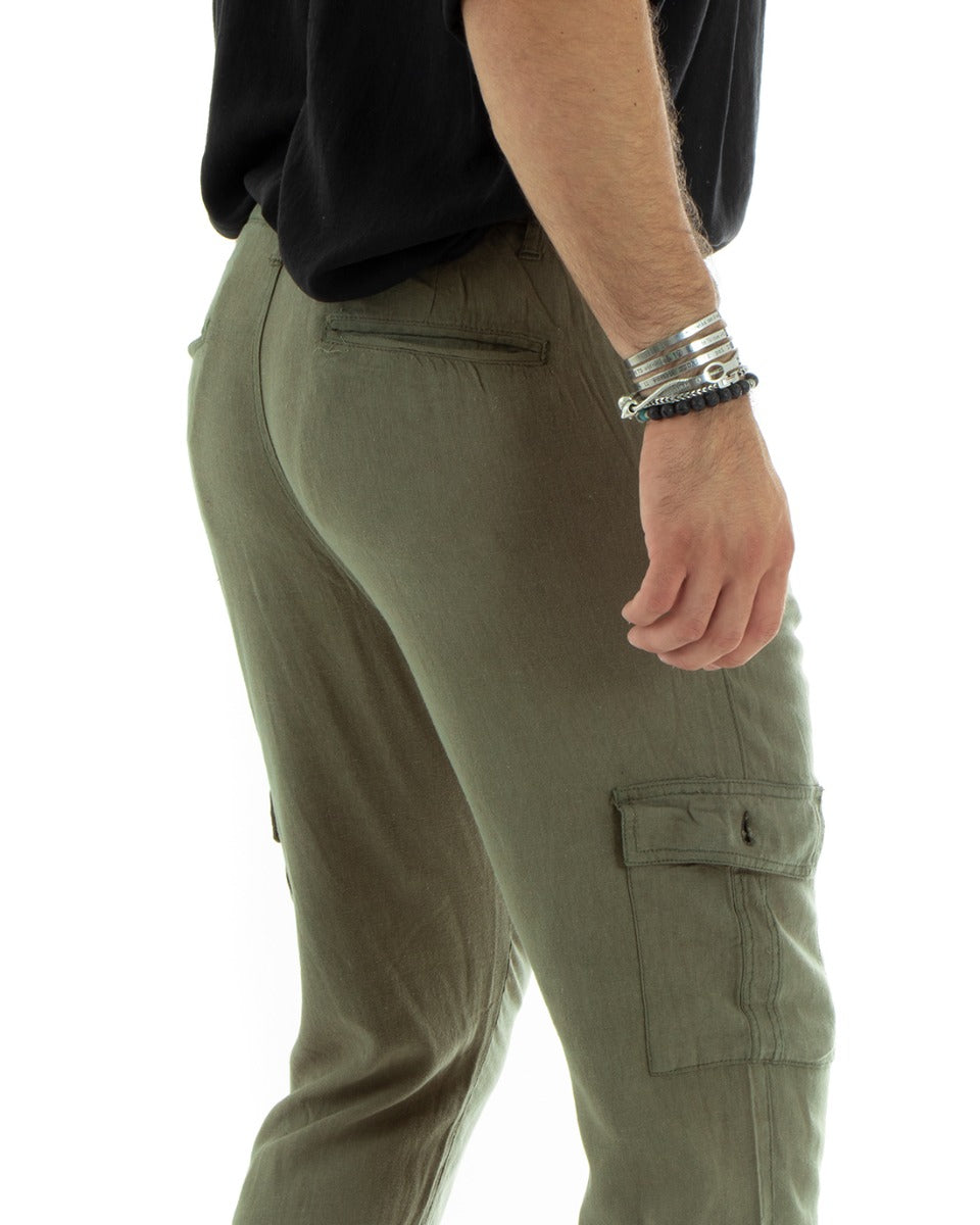 Men's Long Cargo Trousers Linen Solid Color Elastic Pockets Basic Green GIOSAL-P5839A