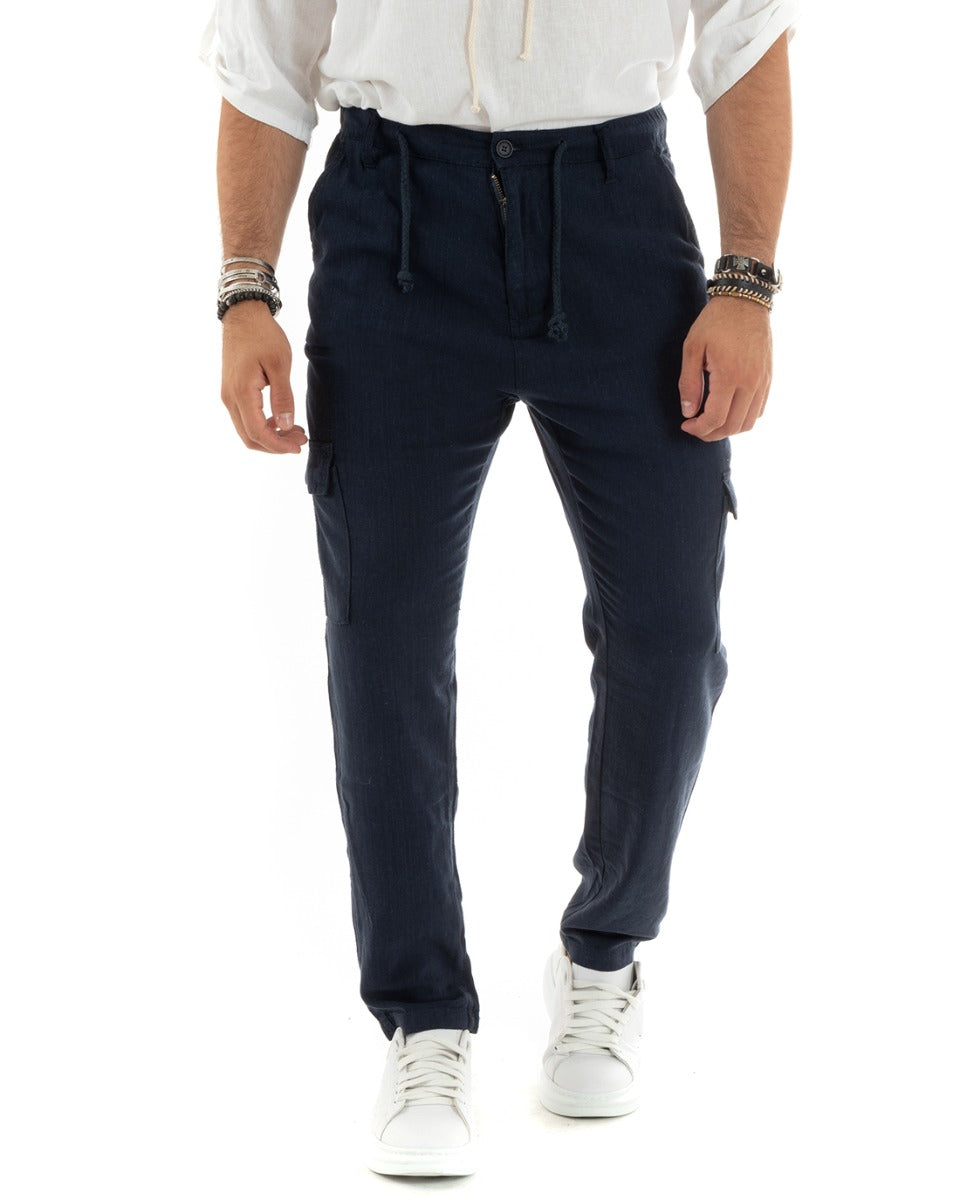 Men's Long Cargo Trousers Linen Solid Color Elastic Pockets Basic Blue GIOSAL-P5840A