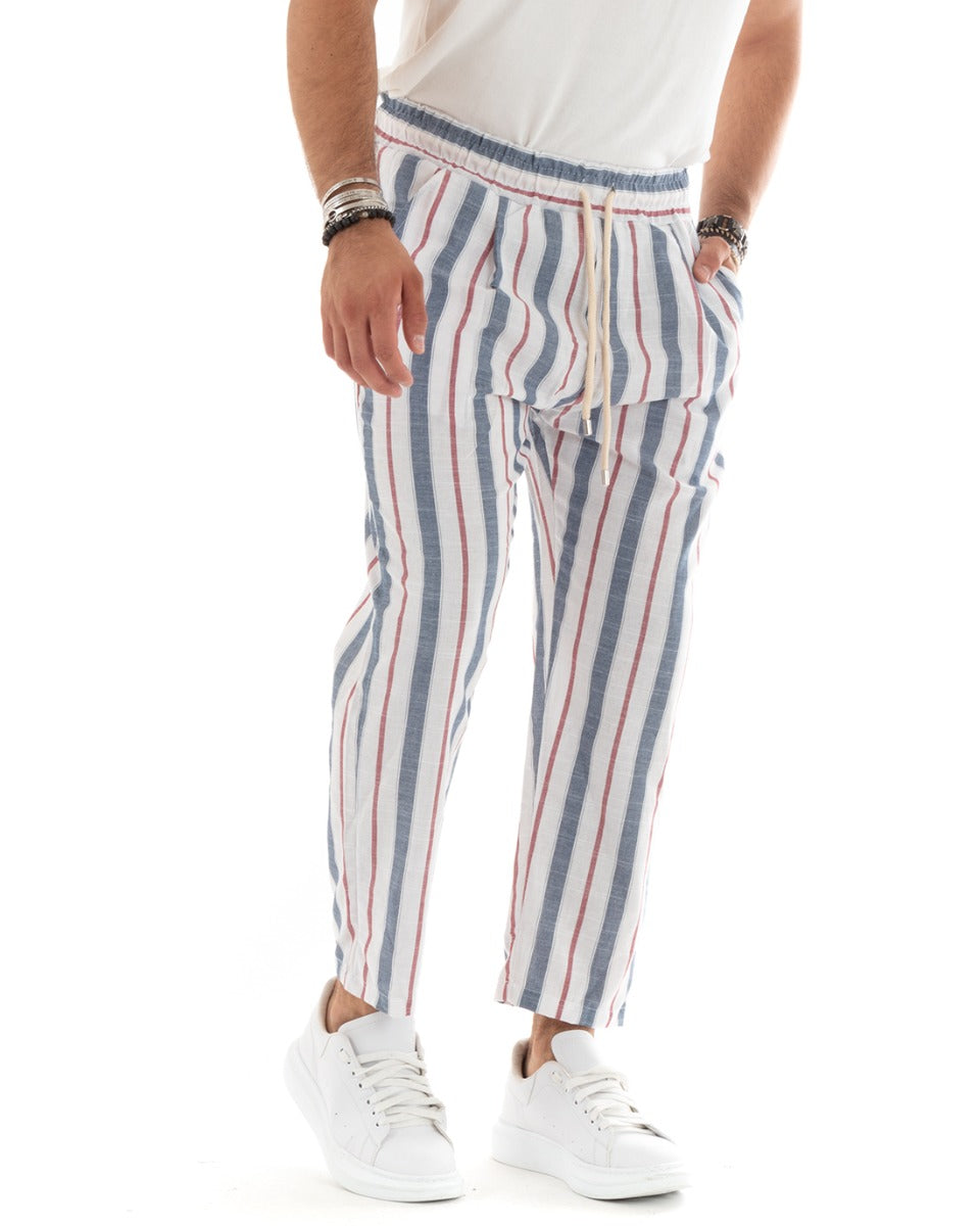 Men's Elastic Striped Trousers Drawstring Pattern Stripes American Pocket Casual Blue GIOSAL-P5845A