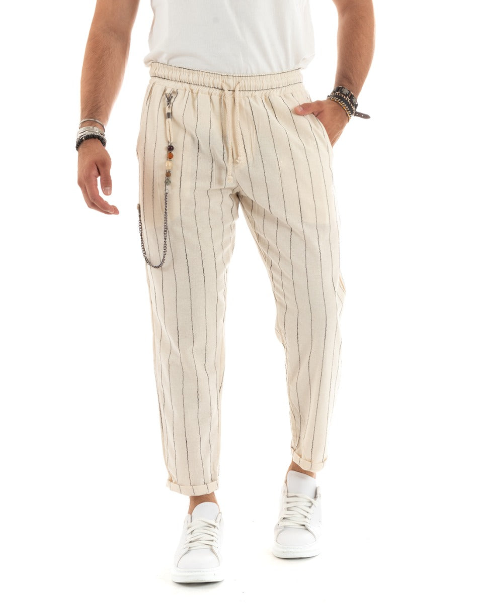 Men's Long Striped Trousers Drawstring Waist America Pocket Beige Casual GIOSAL-P5846A