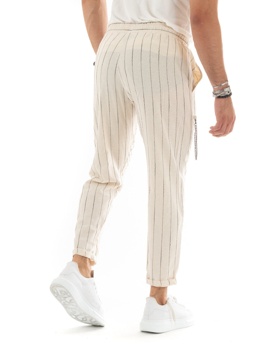Men's Long Striped Trousers Drawstring Waist America Pocket Beige Casual GIOSAL-P5846A