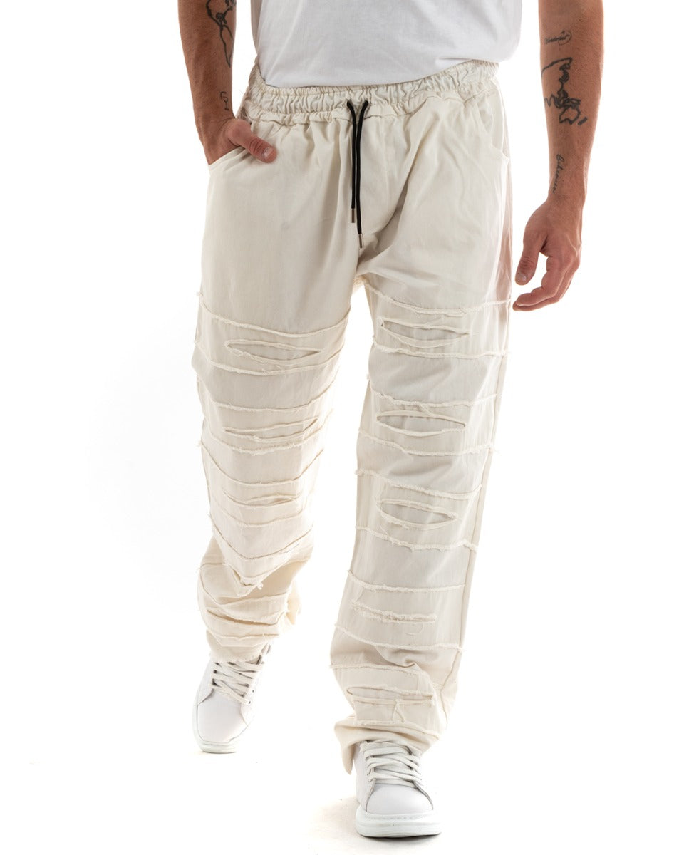 Men's Long Five Pocket Trousers Broken Patches Tears Drawstring Waist Casual Cream GIOSAL-P5850A