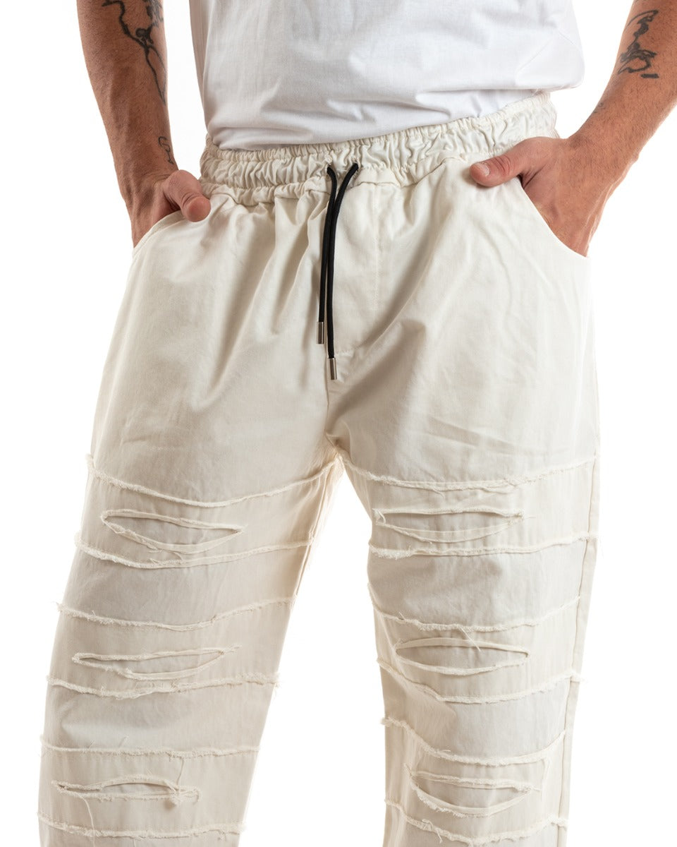 Men's Long Five Pocket Trousers Broken Patches Tears Drawstring Waist Casual Cream GIOSAL-P5850A