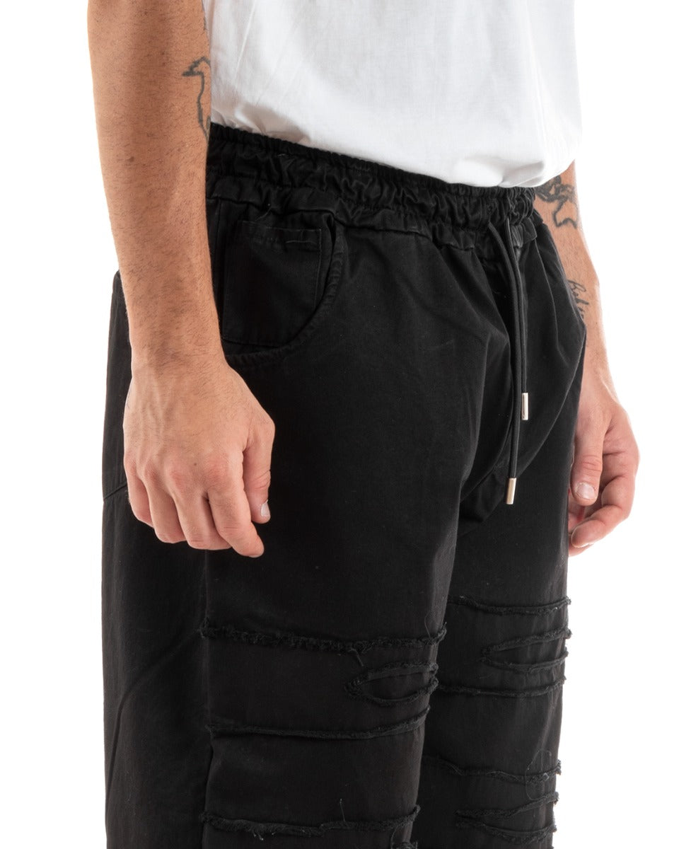 Men's Long Trousers Five Pockets Broken Patches Tears Drawstring Waist Casual Black GIOSAL-P5851A