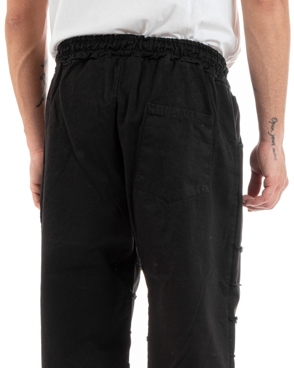 Men's Long Trousers Five Pockets Broken Patches Tears Drawstring Waist Casual Black GIOSAL-P5851A
