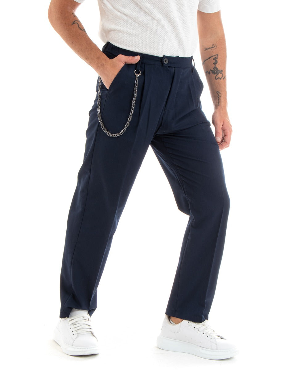 Men's Long Solid Color Trousers Wide Leg Elastic on the Back Hips Elongated Button Blue Casual Elegant GIOSAL-P5853A