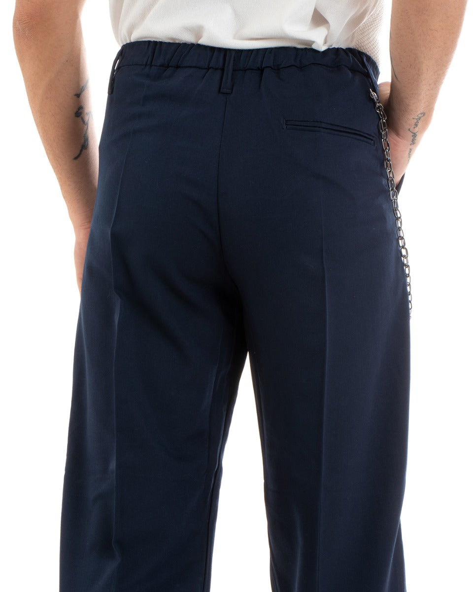 Pantaloni Uomo Lungo Viscosa Fondo Largo Elastico Sul Retro Abbottonatura Allungata Blu Casual Elegante GIOSAL-P5853A