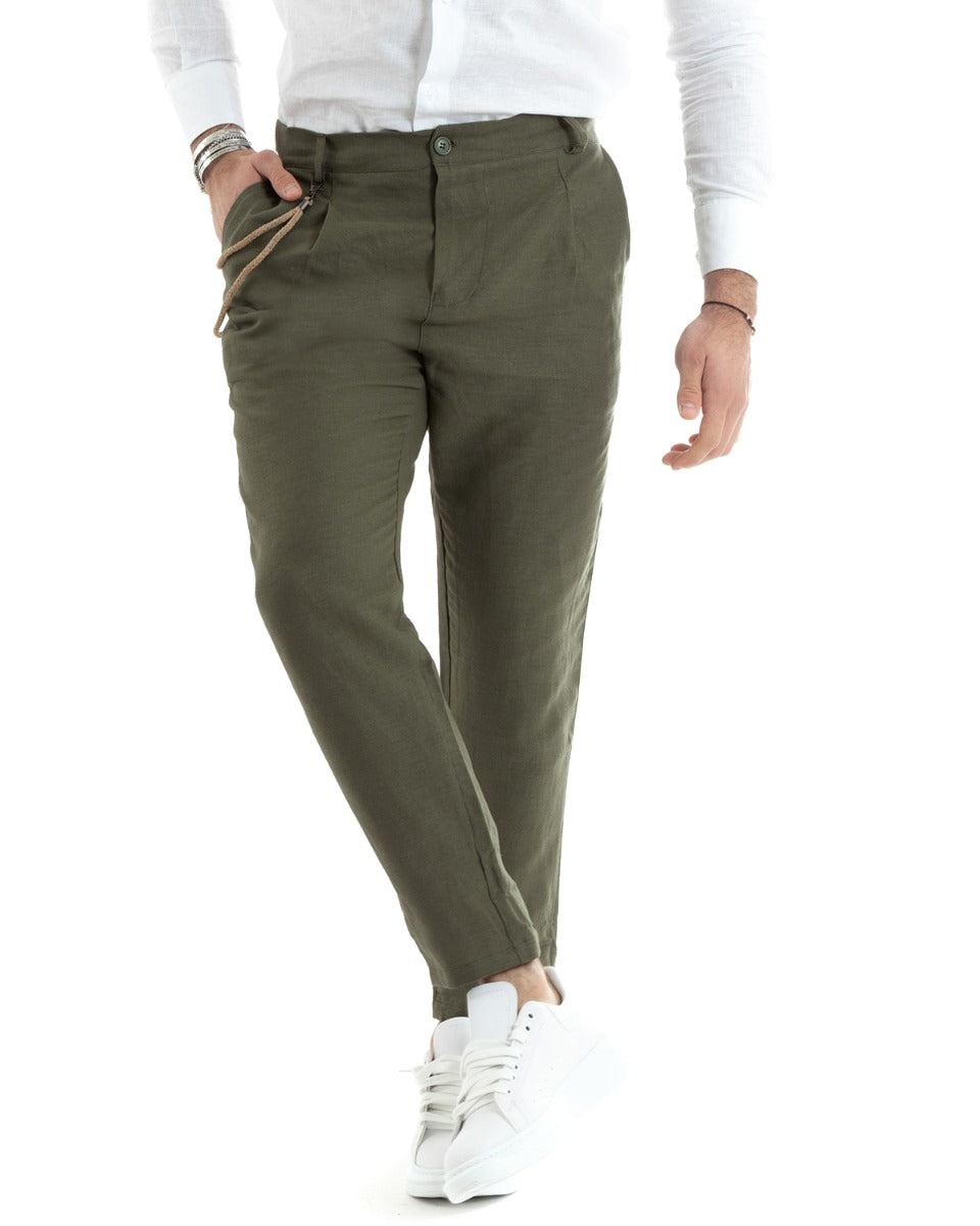 Men's Long Solid Color Dark Green Linen Trousers Button Casual Classic GIOSAL-P5857A