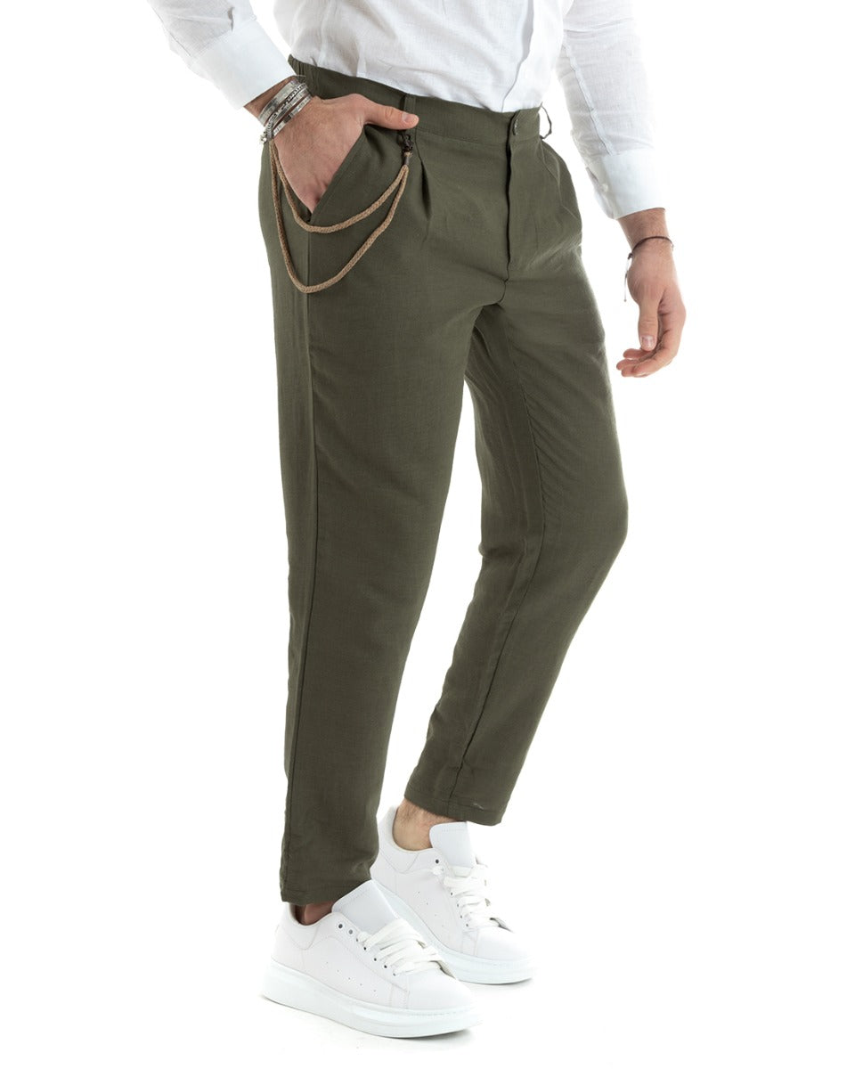 Men's Long Solid Color Dark Green Linen Trousers Button Casual Classic GIOSAL-P5857A
