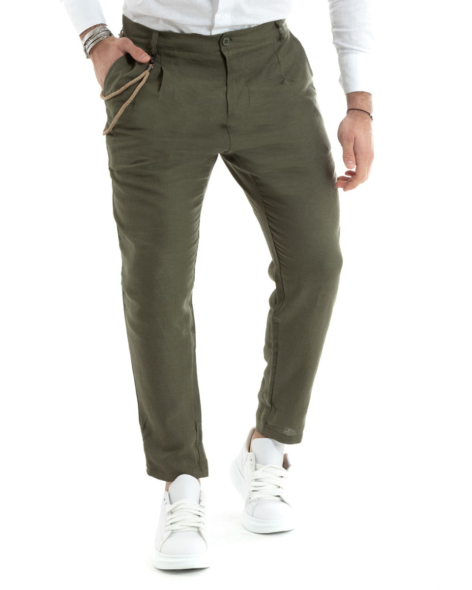 Pantaloni Uomo In Lino Tasca America Classico Sartoriale Comodo Casual Tinta Unita Verde Scuro GIOSAL-P5857A