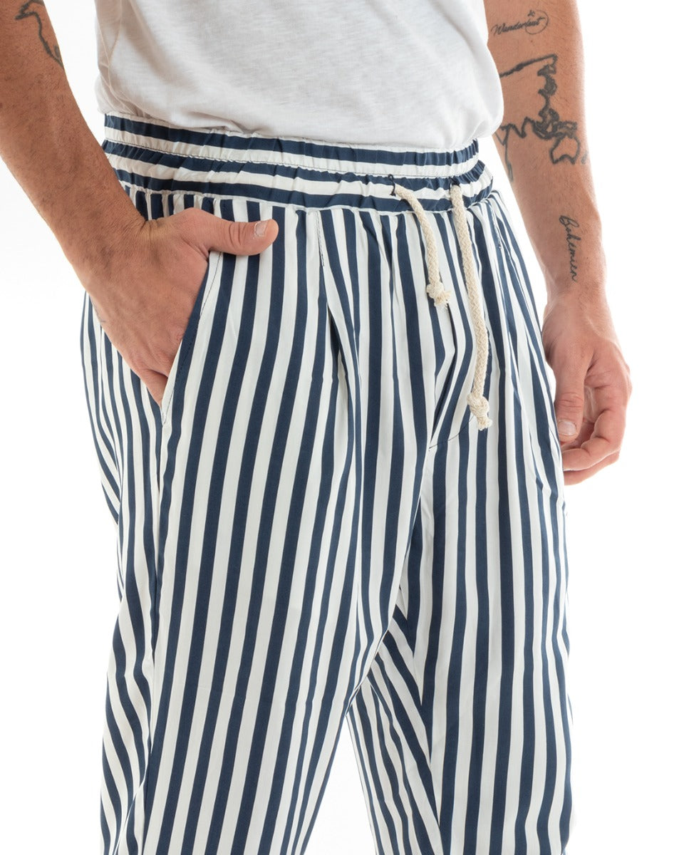 Men's Long Elastic Narrow Stripe Drawstring Waist Cotton Trousers Paul Barrell Blue GIOSAL- P5868A
