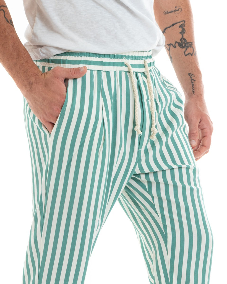 Men's Long Elastic Narrow Stripe Drawstring Waist Cotton Trousers Paul Barrell Green GIOSAL- P5870A