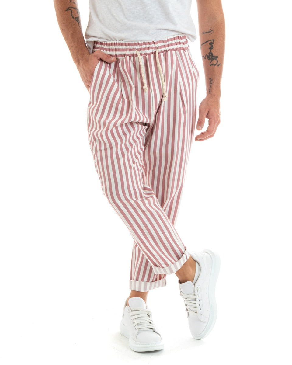 Men's Long Elastic Narrow Stripe Drawstring Waist Cotton Trousers Paul Barrell Dark Pink GIOSAL- P5872A