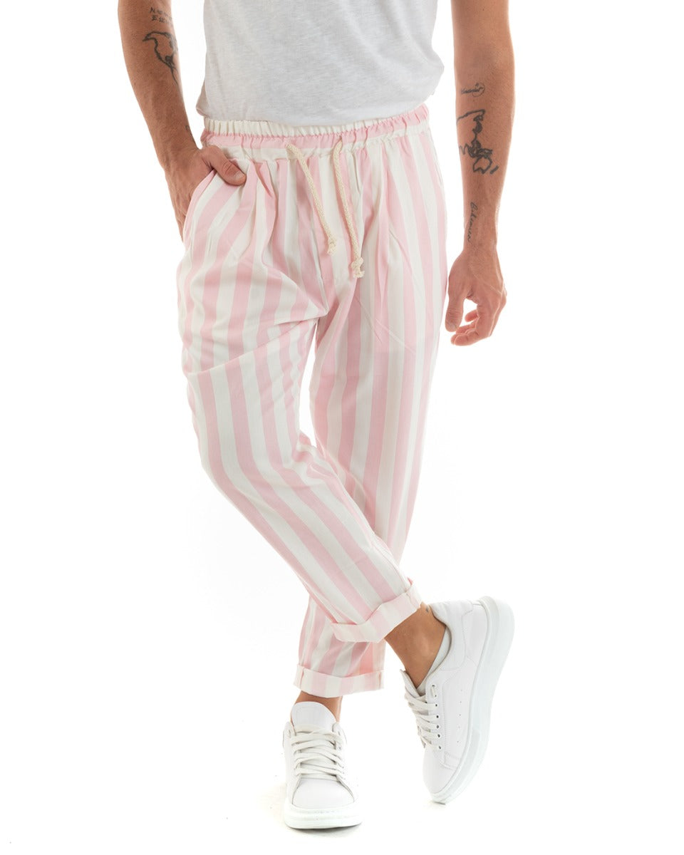 Paul Barrell Men's Long Elastic Trousers Wide Stripe Drawstring Waist Pink Cotton GIOSAL-P5873A