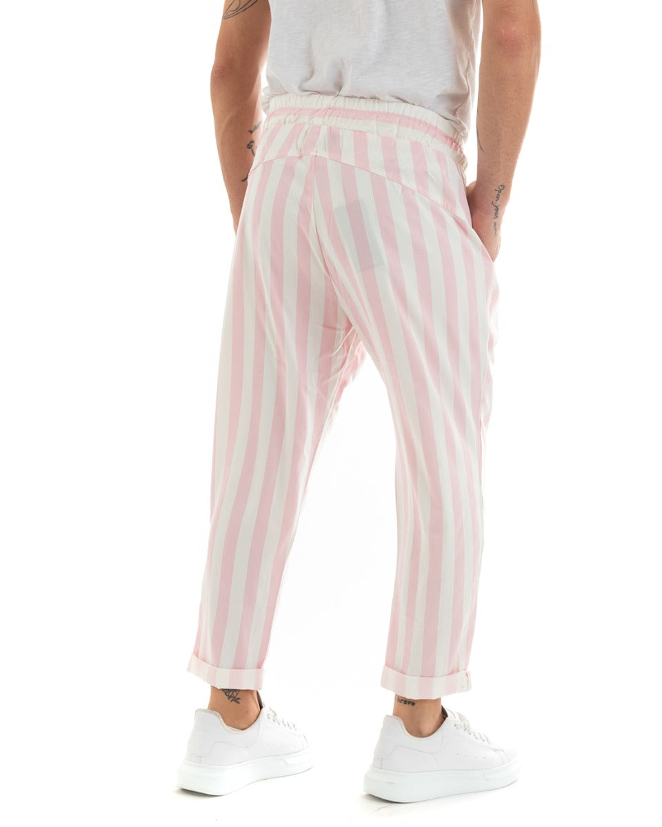 Paul Barrell Men's Long Elastic Trousers Wide Stripe Drawstring Waist Pink Cotton GIOSAL-P5873A