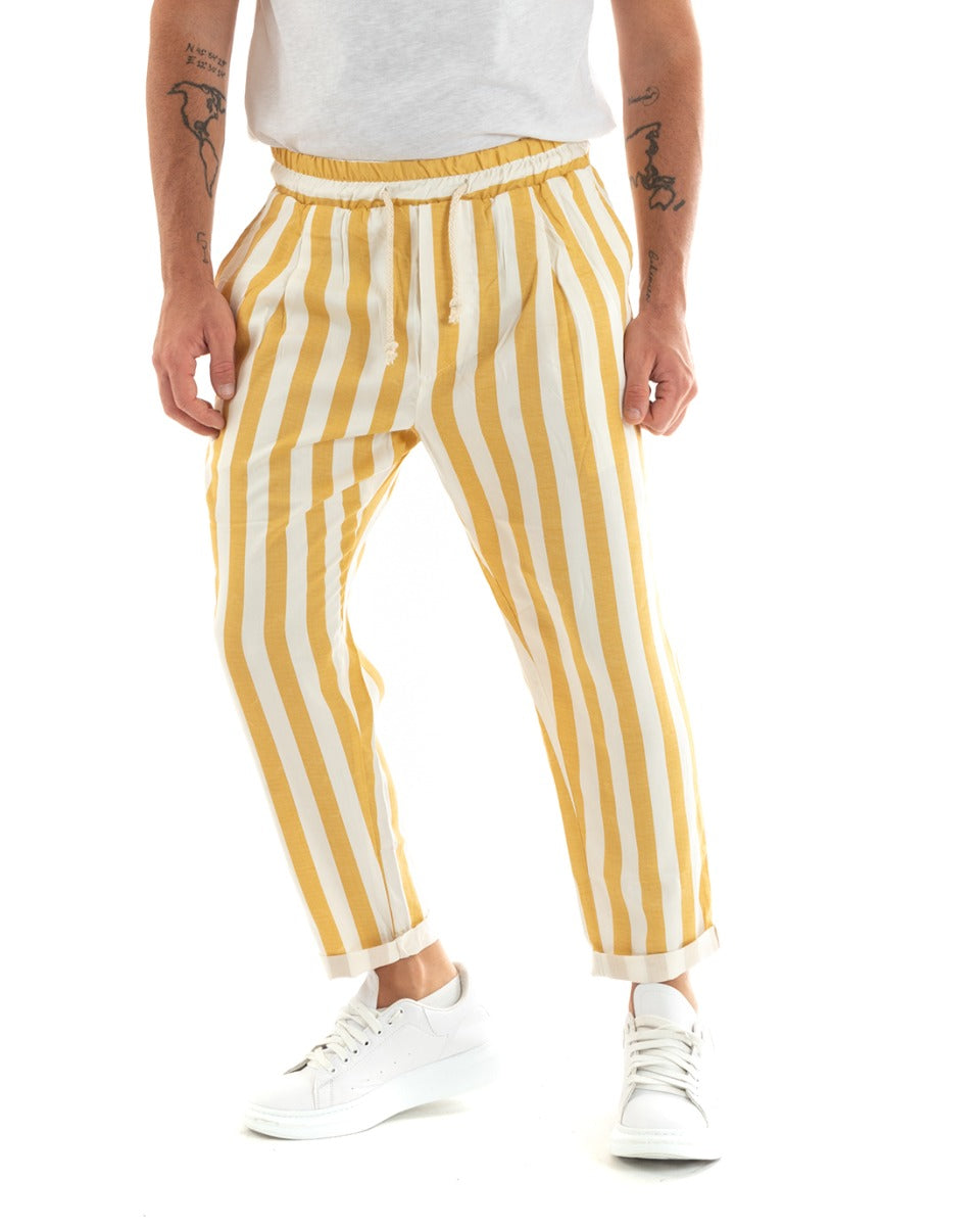 Paul Barrell Men's Long Elastic Trousers Wide Stripe Drawstring Waist Yellow Cotton GIOSAL-P5874A