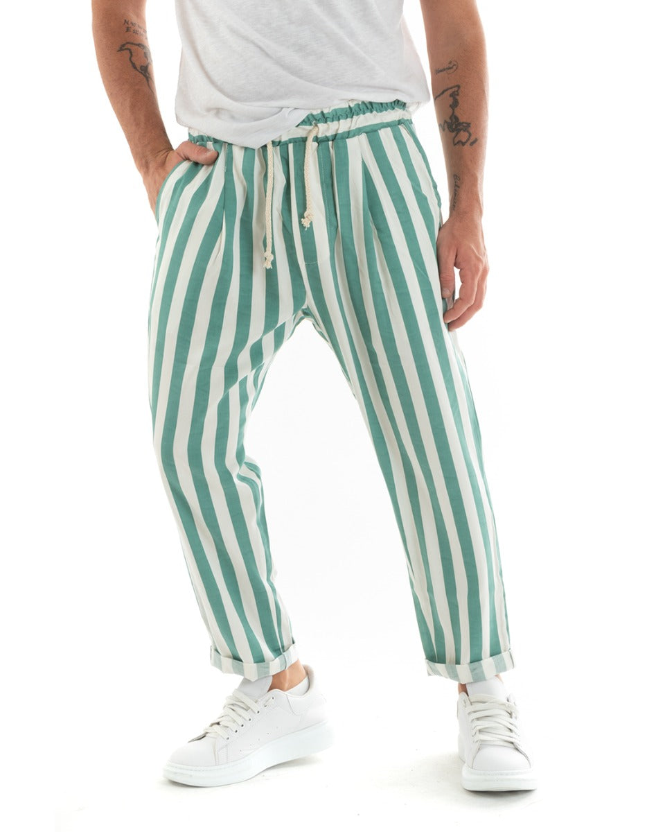 Paul Barrell Men's Long Elastic Trousers Wide Stripe Drawstring Waist Green Cotton GIOSAL-P5875A