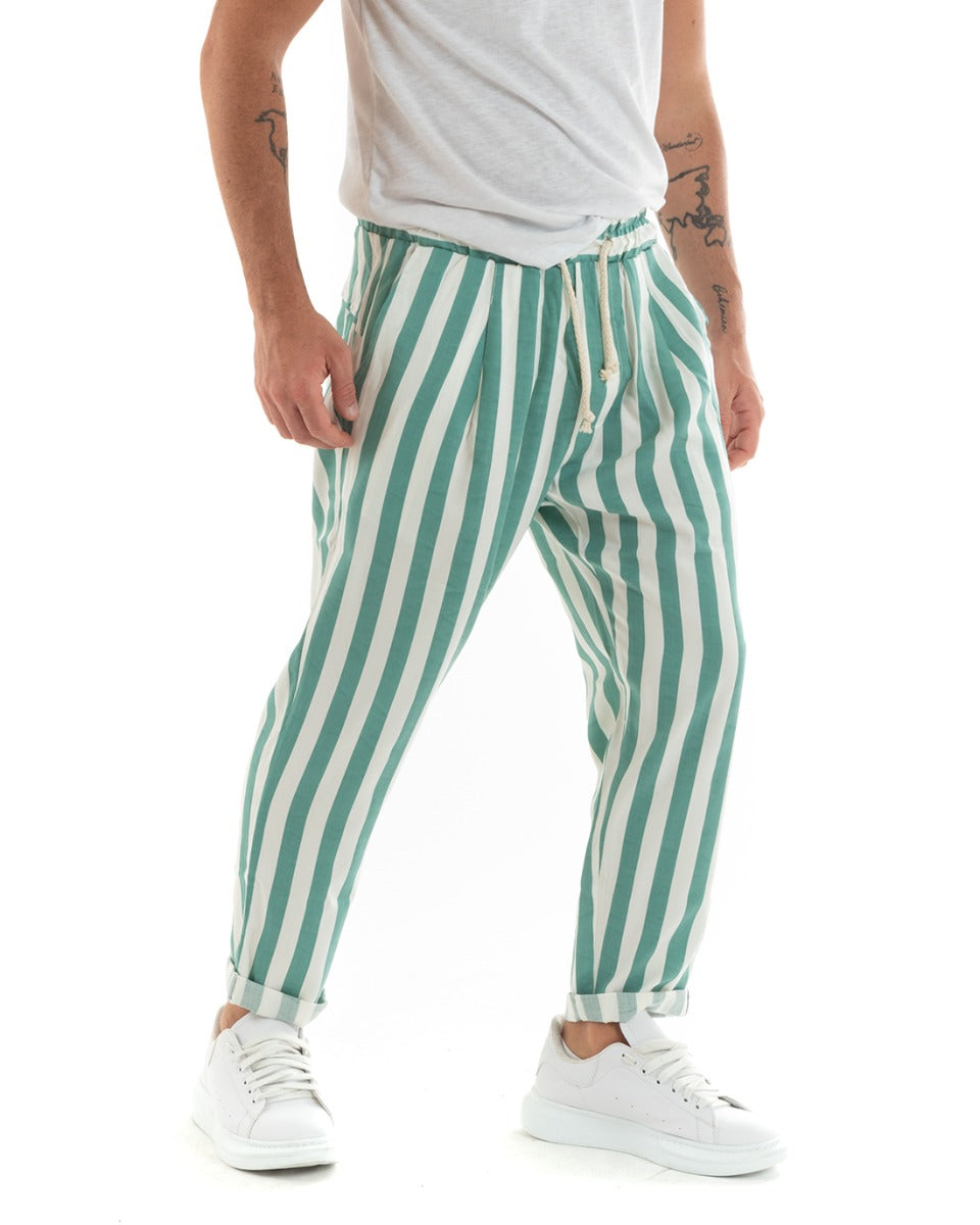 Paul Barrell Men's Long Elastic Trousers Wide Stripe Drawstring Waist Green Cotton GIOSAL-P5875A