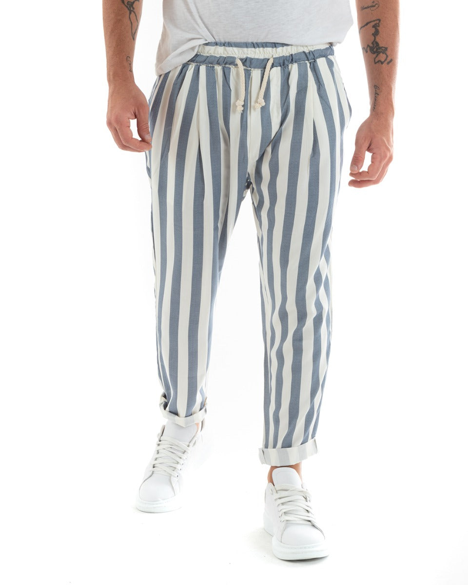 Paul Barrell Men's Long Elastic Trousers Wide Stripe Drawstring Waist Blue Cotton GIOSAL-P5876A